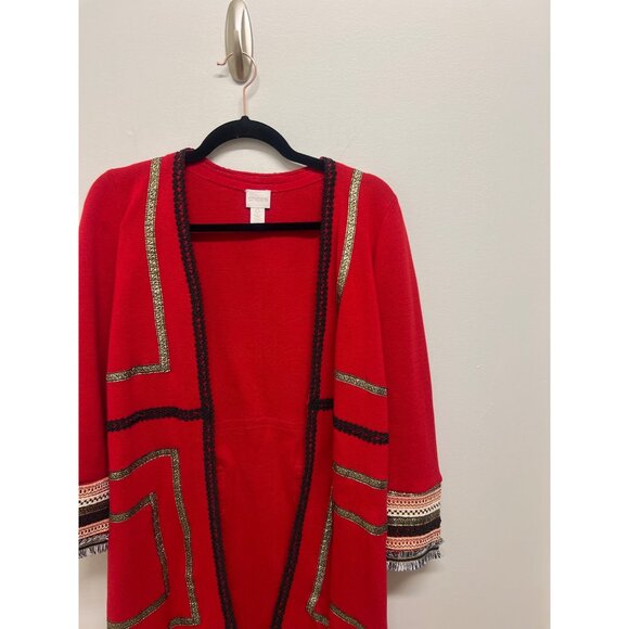 Chicos Reba Womens Red Cardigan With Tribal Embroidered Trim & Open Front - Picture 8 of 13